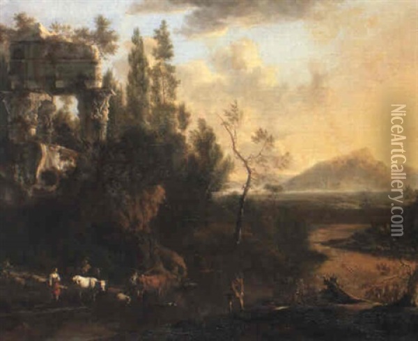Italianate Landscape With Drovers Fording A River By A Ruined Temple Oil Painting - Frederick De Moucheron