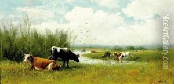 Cows At Watering Oil Painting - William Frederick Hulk