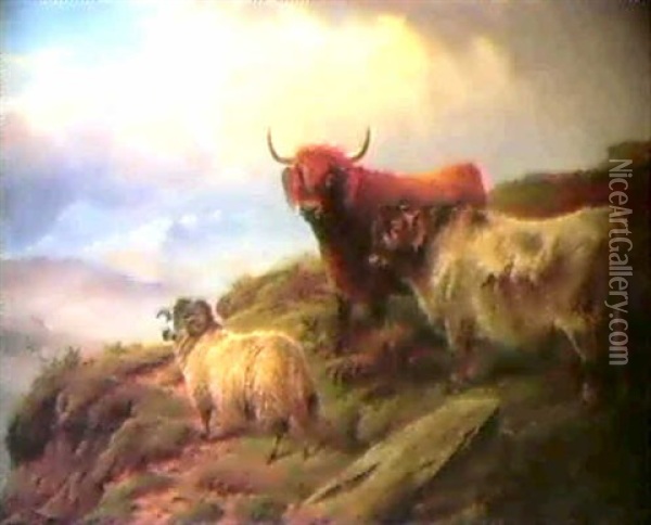 Highland Cattle And Sheep Oil Painting - Charles Jones