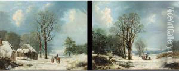 Winter Landscapes With Woodgatherers And Travellers, A Pair Oil Painting - Johannes Simon Zembsch
