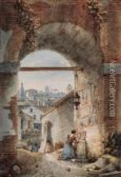 A Shrine At The Corner Of Via 
Santa Maria Maggiore And Via Sanpietro, Rome; And A View Near The 
Trinita Dei Monti, Rome. Oil Painting - Victor-Jean Nicolle