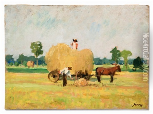 Two Peasants At The Hay Harvest Oil Painting - Carl Joerres
