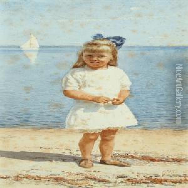 Portrait Of Young Girl At The Beach Oil Painting - Peter Johan Schou