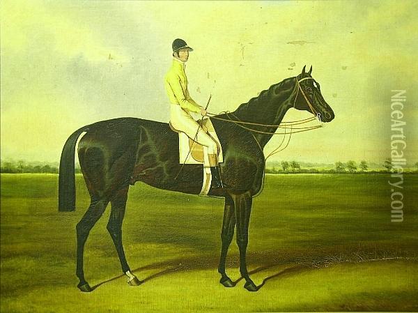 Horse And Jockey Before A Landscape, Wearing The Duke Of Westminster Colours Oil Painting - Harry Hall