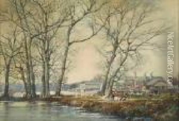 Town Along Riverbank Oil Painting - Noel Harry Leaver