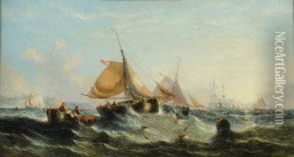 Morning Oyster Boats In The Channel Oil Painting - William Calcott Knell