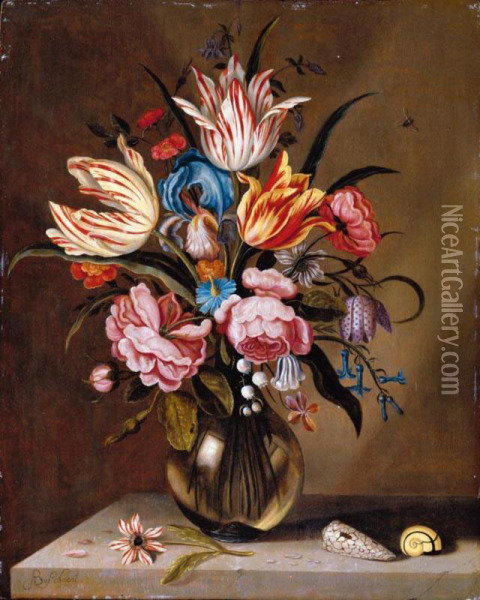 A Still Life Of Pink Roses, Striped Tulips, A Blue Iris, A Striped Anemone, Fritallary, Lily Of The Valley, Columbine And Bluebells In A Glass Vase On A Stone Ledge, With Two Shells Oil Painting - Abraham Bosschaert