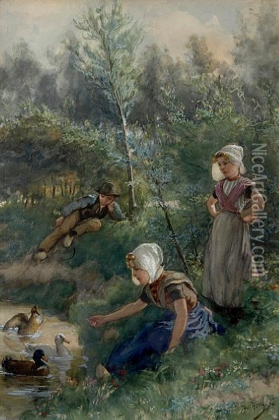 Children Playing On The Banks Of A Duck Pond Oil Painting - Hendrik Horrix