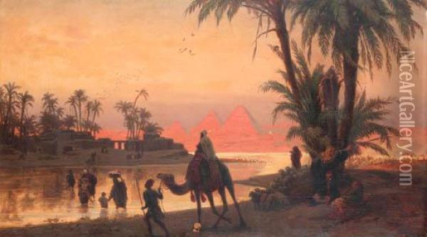 The River Nile With The Gizeh Pyramids Oil Painting - Otto Johann Heinrich Heyden