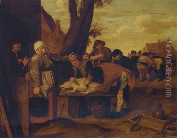 Peasants Jointing A Pig Outside A Cottage Oil Painting - Pieter de Bloot