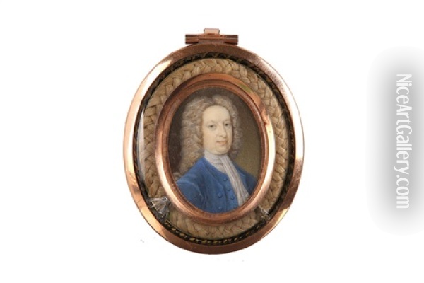 Portrait Miniature Of A Gentleman, Wearing A Blue Coat. Blue Waistcoat And Tied White Cravat, With A Long Curled Wig Oil Painting - Bernard (Goupy) Lens III