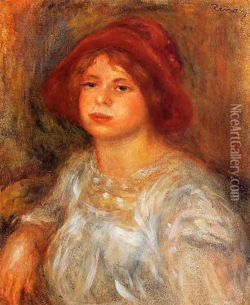 Young Girl Wearing A Red Hat Oil Painting - Pierre Auguste Renoir