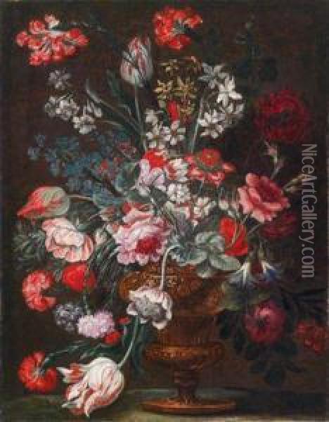 Ein Blumenstillleben Vonverschiedenen Blumen In Einer Prunkvase Oil Painting - Andrea Scaccati