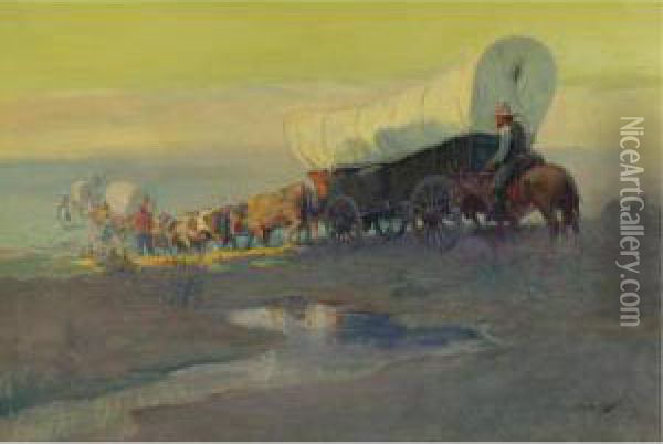 Opening The West (stagecoach Through The Missouri Hills) Oil Painting - Oscar Edmund Berninghaus