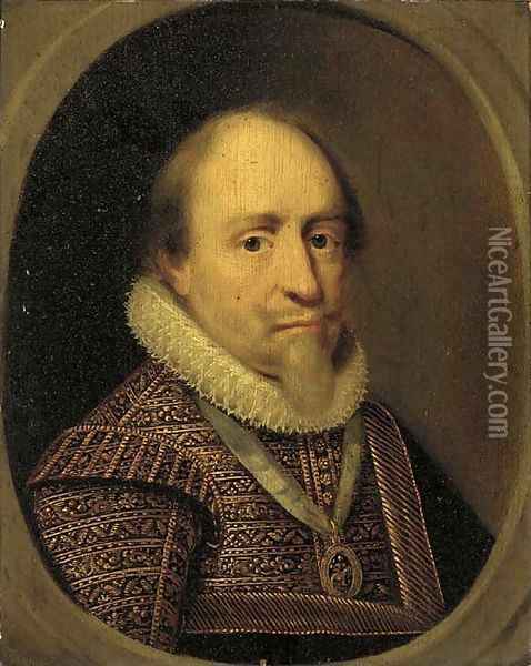 Portrait of a gentleman in a gold-embroidered jacket and lace ruff, feigned oval Oil Painting - Paulus Van Somer