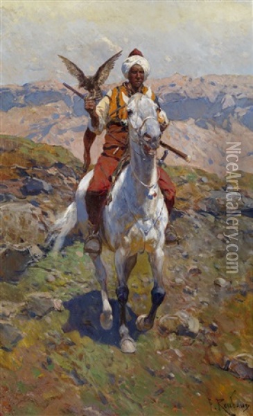 Caucasian Horseman With A Falcon Oil Painting - Franz Roubaud