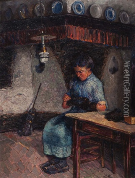 Mending Socks In The Farm Kitchen Oil Painting - Jan Kruysen