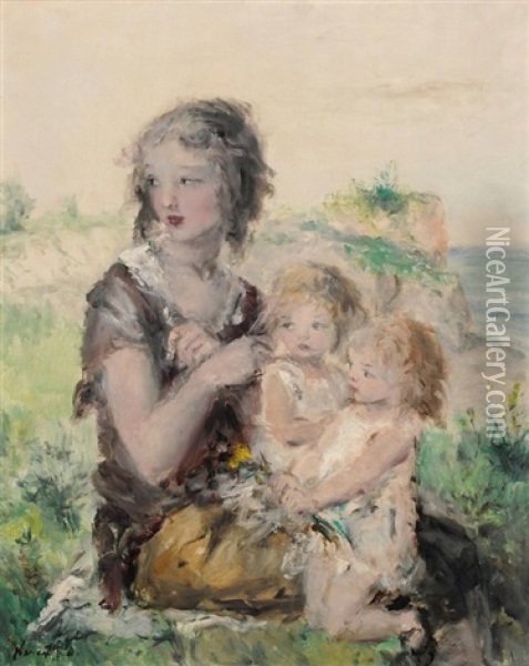 Junges Madchen Mit Zwei Kindern An Der Kuste Oil Painting - Aurel Naray