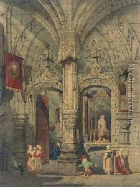 Figures In A Cathedral Interior Oil Painting - Samuel Prout