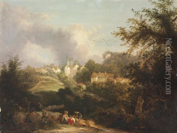 View Of A Hilltop Villiage, With Children In The Foreground Oil Painting - Patrick, Peter Nasmyth