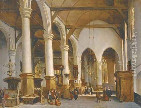 Figures in a church interior Oil Painting - Johannes Bosboom