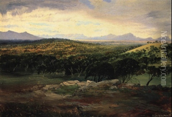 View From The Rocky Hill Near Cavendish, Mt. Abrupt And The Sierra Ranges Oil Painting - Nicholas Chevalier