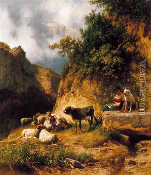 Italiai Taj Hegyi Forrasnal Piheno Pasztorlannyal (italian Landscape With A Shepherdess, Resting By The Mountain Spring) Oil Painting - Andras Marko