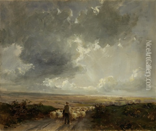 Farmer Driving Sheep On An Open Road Before A Landscape Oil Painting - James Humbert Craig