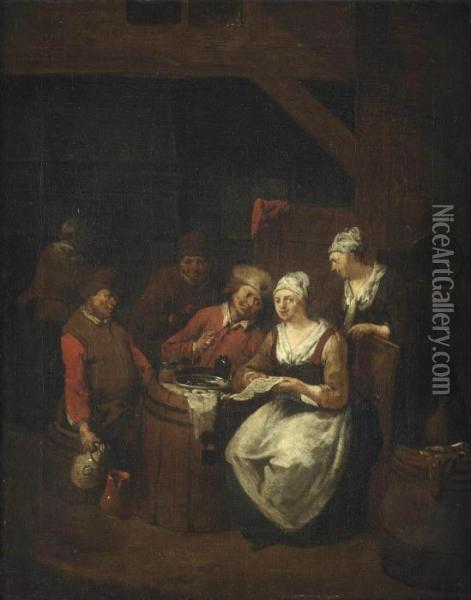 Interior Of A Tavern With Boors Carousing Oil Painting - Jan Baptist Lambrechts