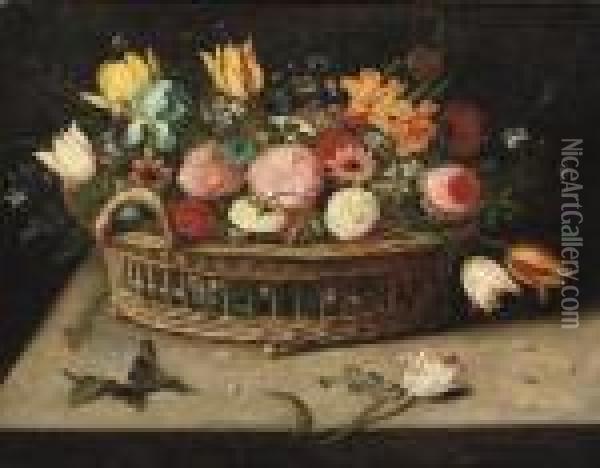 Roses, Peonies, Tulips, 
Narcissi, Carnations, Poppies And Other Flowers In A Basket, On A Stone 
Ledge Oil Painting - Jan Brueghel the Younger
