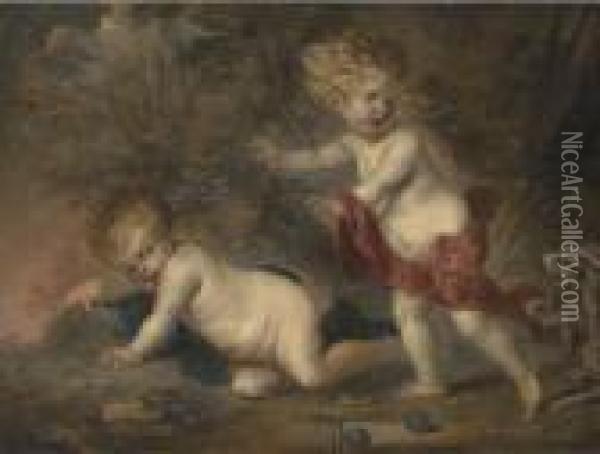 Putti Disporting In A Wooded Clearing, Surprised By Two Dogs Oil Painting - Frans Wouters