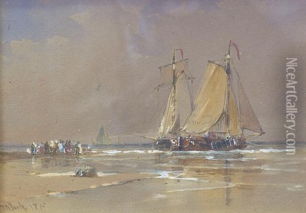Boats And Figures On A Beach At Low Tide Oil Painting - Thomas Bush Hardy