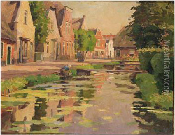 A Sunlit Lane Along A Canal Oil Painting - Victor Gilsoul