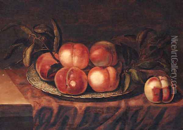 Peaches on a porcelain dish, on a partially draped ledge Oil Painting - Bartholomeus Assteyn