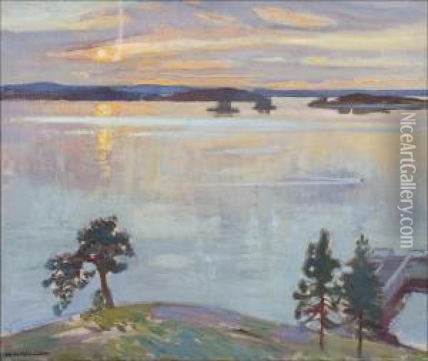 Auringonlasku Merella. Oil Painting - Vaino Hamalainen