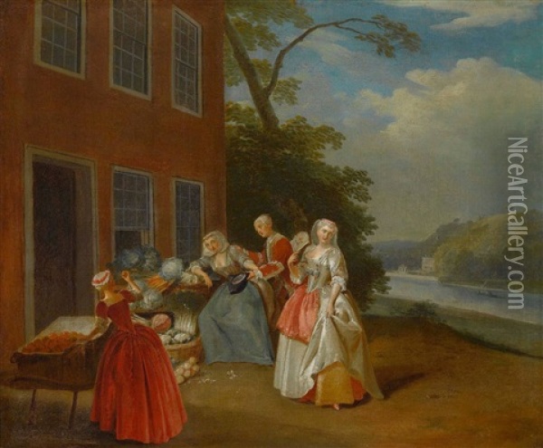 Eine Elegante Gesellschaft Bei Einem Gemusehandler Oil Painting - Pieter Angillis