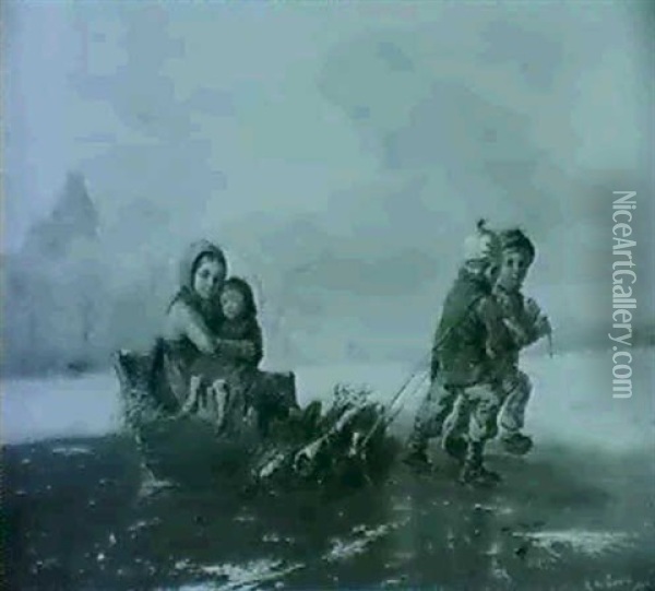 The Young Faggot Gatherers Returning Home Across A Frozen   Lake Oil Painting - Alexis de Leeuw