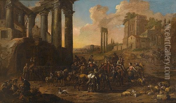 Herdsmen On Horseback With Cattle And Sheep In The Roman Forum Oil Painting - Jan Frans Soolmaker