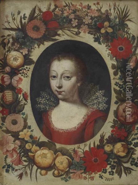 Portrait Of A Lady, Traditionally Said To Be Marie De Bourbon Montpensier, Duchesse D'orleans, Bust-length, Wearing A Red Dress With An Ornate White Lace Collar, In A Painted Oval, Surrounded By A Garland Of Flowers Oil Painting - Frans Pourbus the Elder