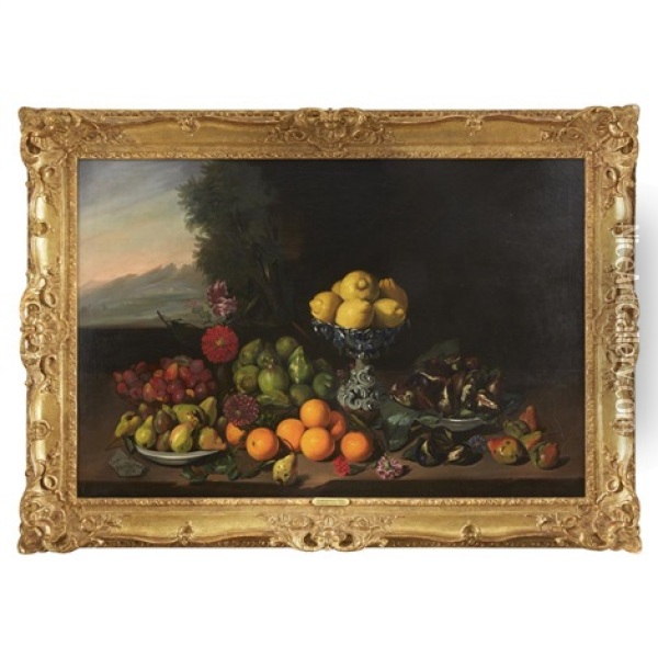 Still Life With Lemons, Figs, Oranges And Pears Oil Painting - Gumersindo Diaz