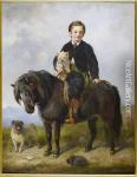 Portrait Study Of A Young Boy On A Shetland Pony Together With His Two Dogs Oil Painting - Gourlay Steell