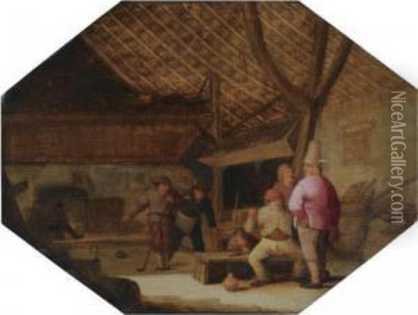 A Barn Interior With Peasants Conversing And Playing Ball Oil Painting - Bartholomeus Molenaer