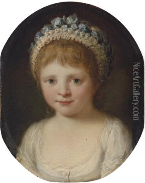 Portrait Of A Girl (theresa Robinson, Daughter Of John Parker?) In A White Dress With A Cap With Blue Ribbons Oil Painting - Angelika Kauffmann