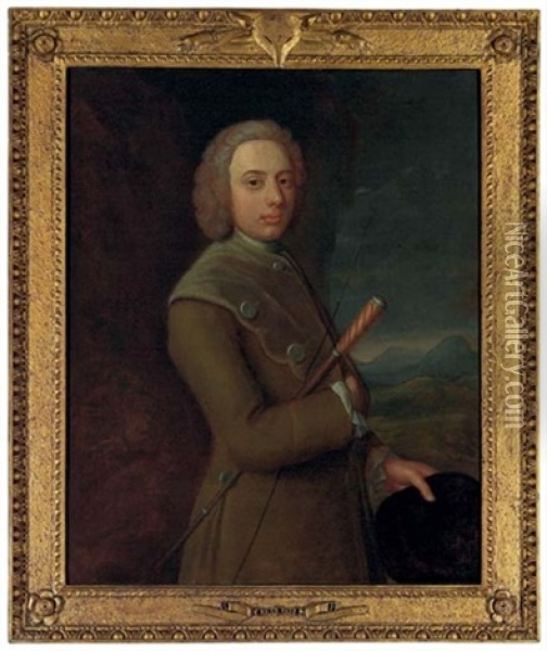 Portrait Of A Gentleman, In A Brown Coat, Holding A Riding Crop And Hat Oil Painting - Joseph Highmore
