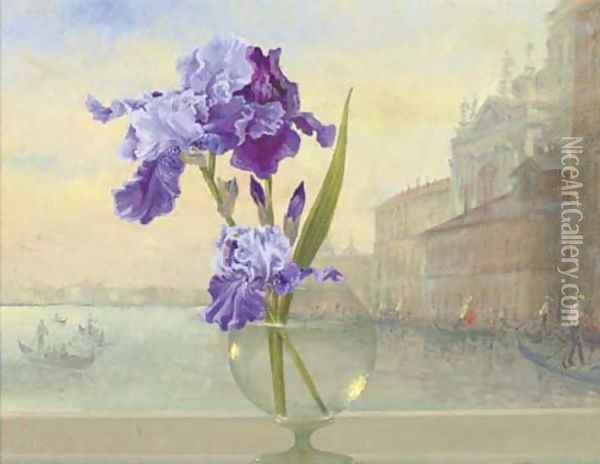 Irises in a glass vase with Venice beyond Oil Painting - Russian School