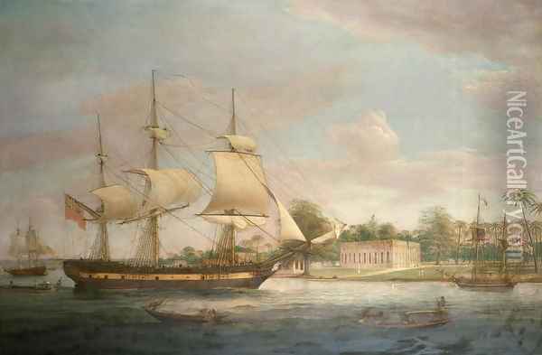 A Country Ship on the Hoogly near Calcutta Oil Painting - Thomas Whitcombe