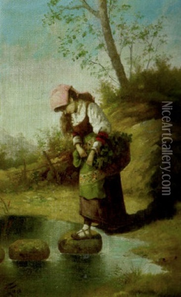 Madchen Mit Blumenkorb Am Wasser Oil Painting - Filippo Indoni