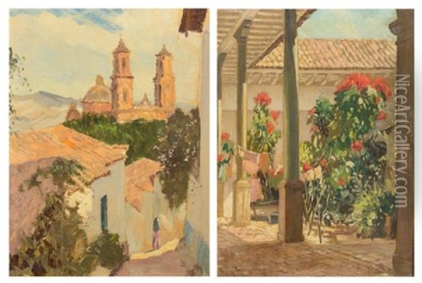 Patio Scene And View Of Taxco (a Pair Of Works) Oil Painting - Hermann Dudley Murphy
