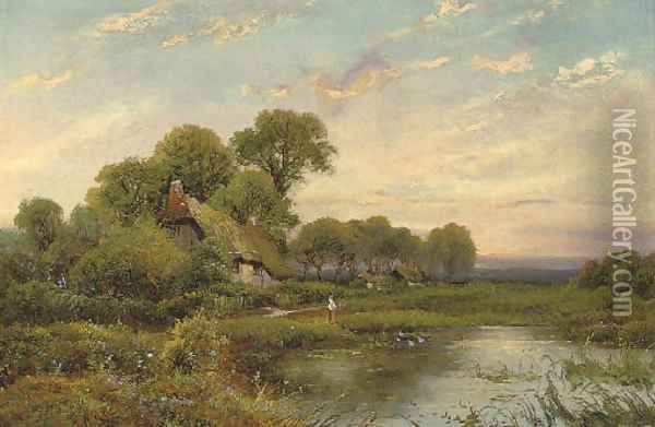 A figure before a pool, a cottage beyond Oil Painting - Walter Wallor Caffyn