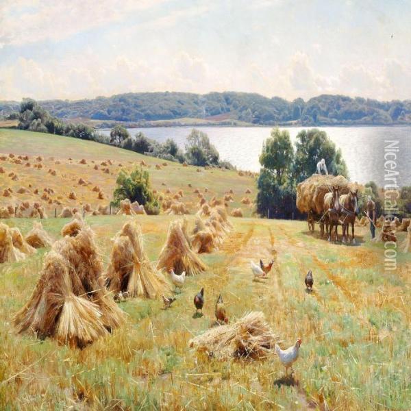 Harvest Scene On A Sunny Day. Oil Painting - Peder Mork Monsted
